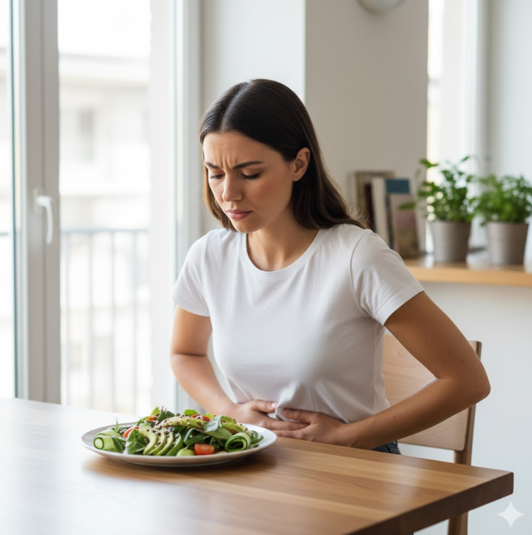 Persona con molestias abdominales después de comer